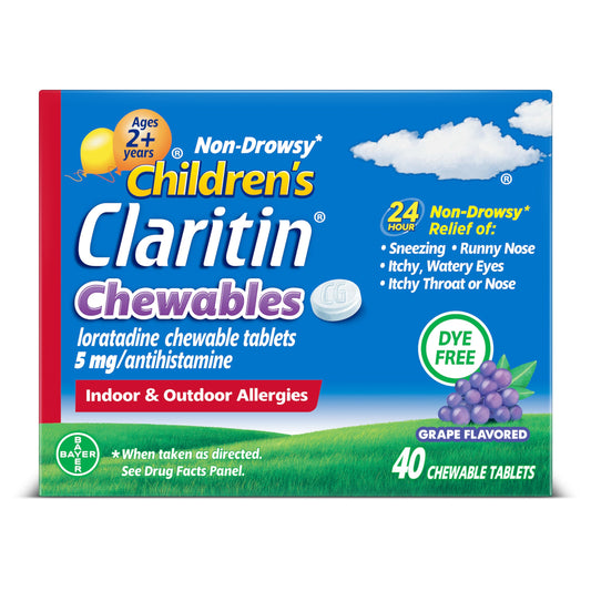 Claritin Children’s grape chewables bottle, 40-tablet supply for 24-hour non-drowsy relief.