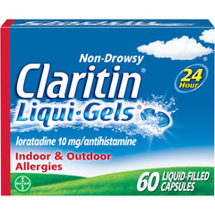 Claritin Liqui-Gels bottle front showing all-day allergy relief