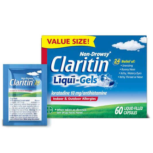Claritin Liquid-Gels bottle offers 24-hour non-drowsy relief for indoor and outdoor allergies.