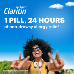 Claritin packaging box emphasizes 70 tablets plus travel-on-the-go option.