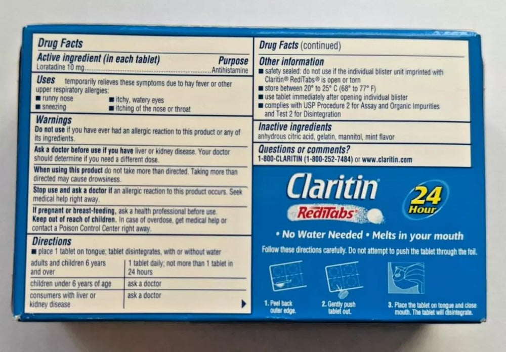 Claritin RediTabs used at desk or outdoors for relief