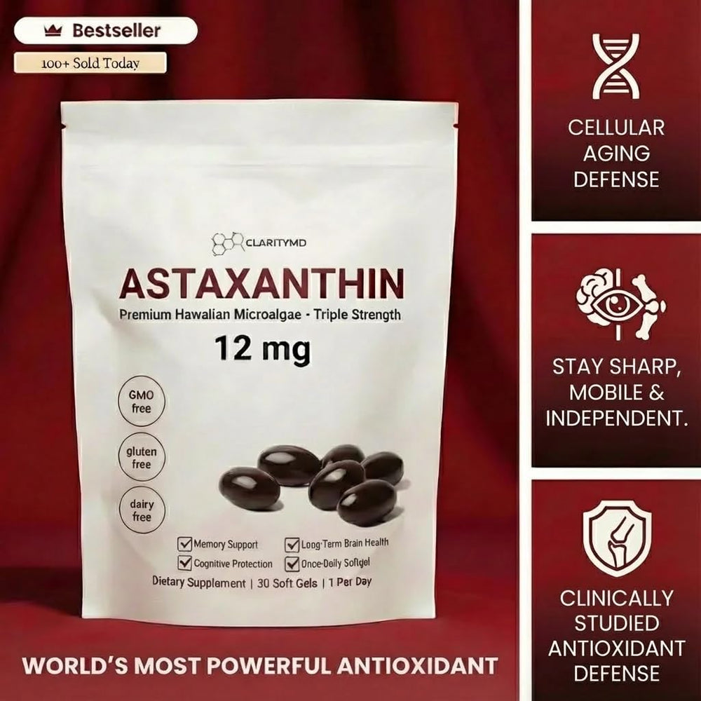 ClarityMD Astaxanthin softgel pouring view highlighting lipid-based delivery