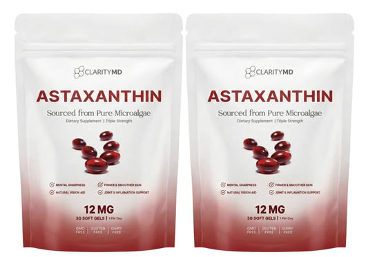 ClarityMD Astaxanthin softgels in a bottle for daily antioxidant support