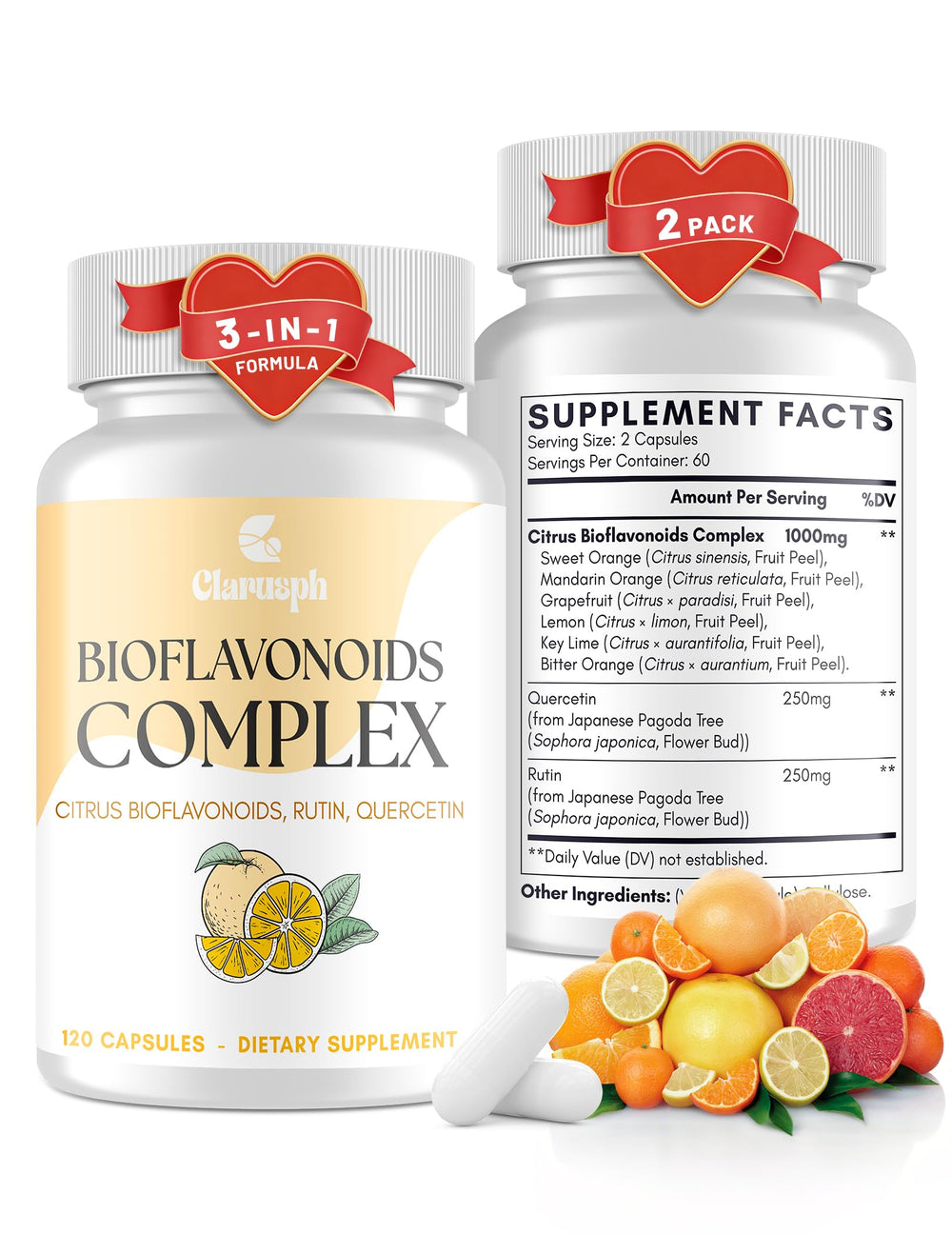 Clarusph Citrus Bioflavonoids bottle shows vegan circulation-support formula.