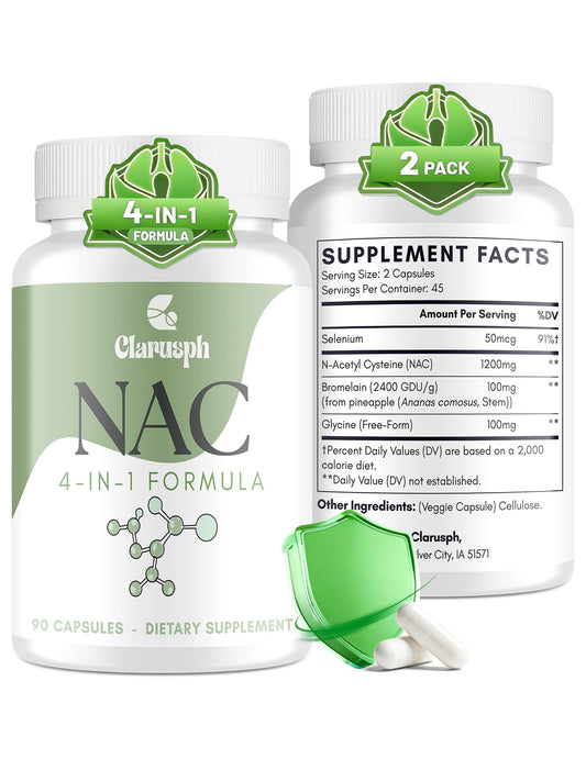 Clarusph NAC 1200mg capsules highlighting high potency for respiratory support.