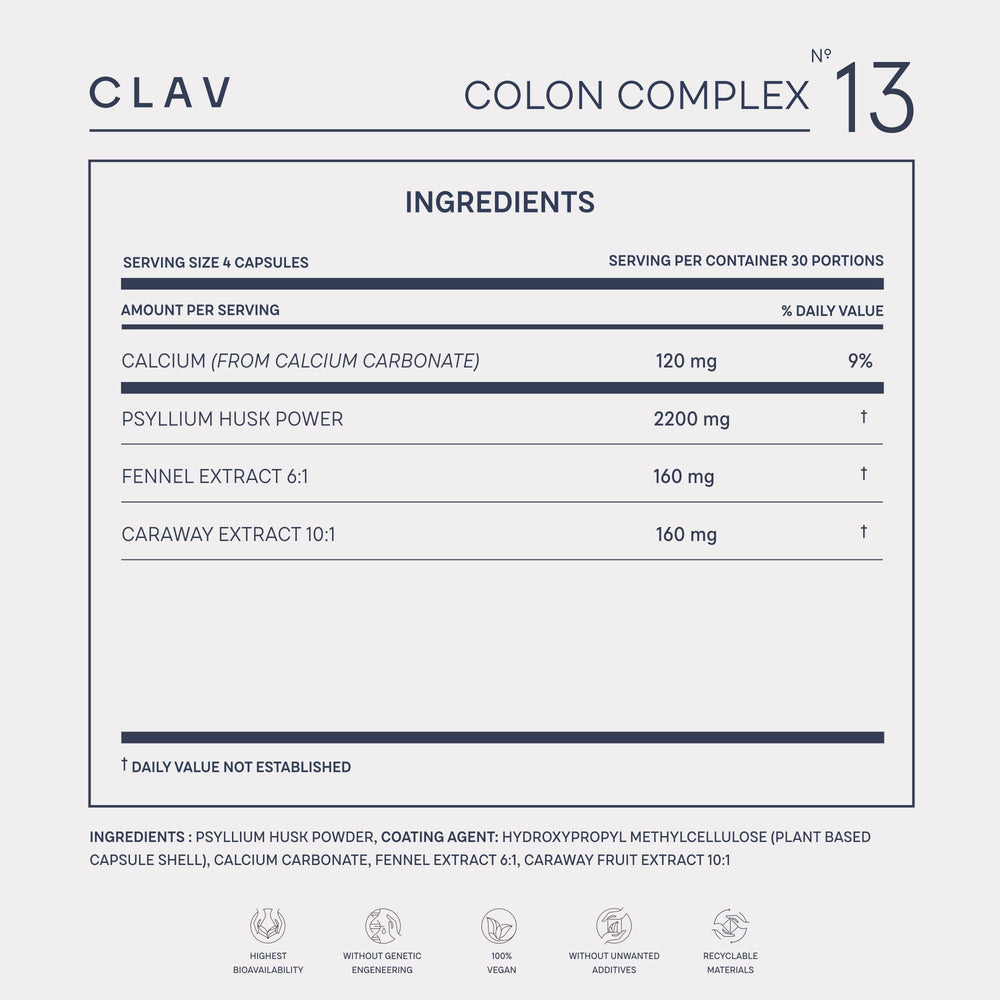 CLAV colon-complex label highlights fiber-rich formula for daily routine.