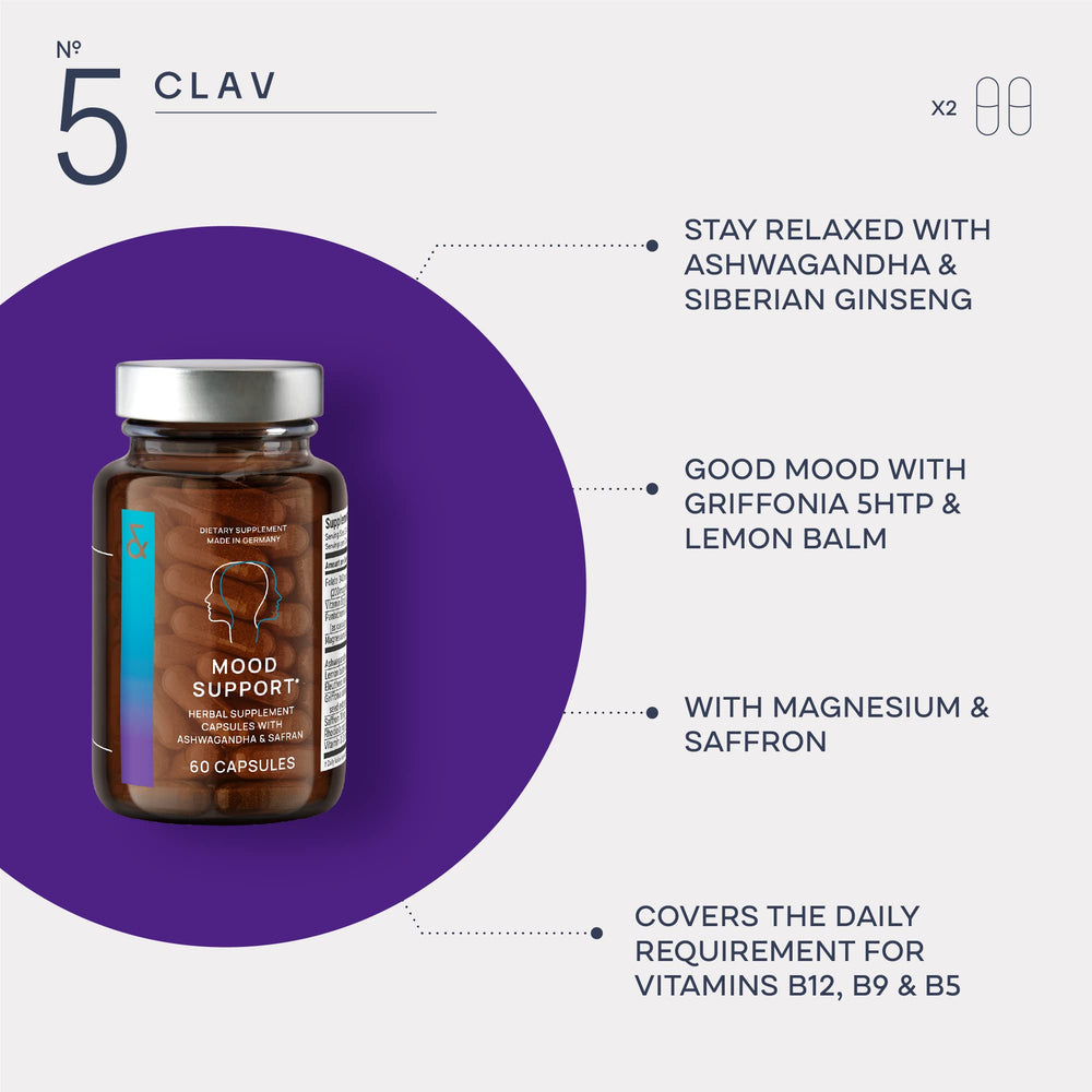 CLAV Mood Support capsules close-up ready for daily use
