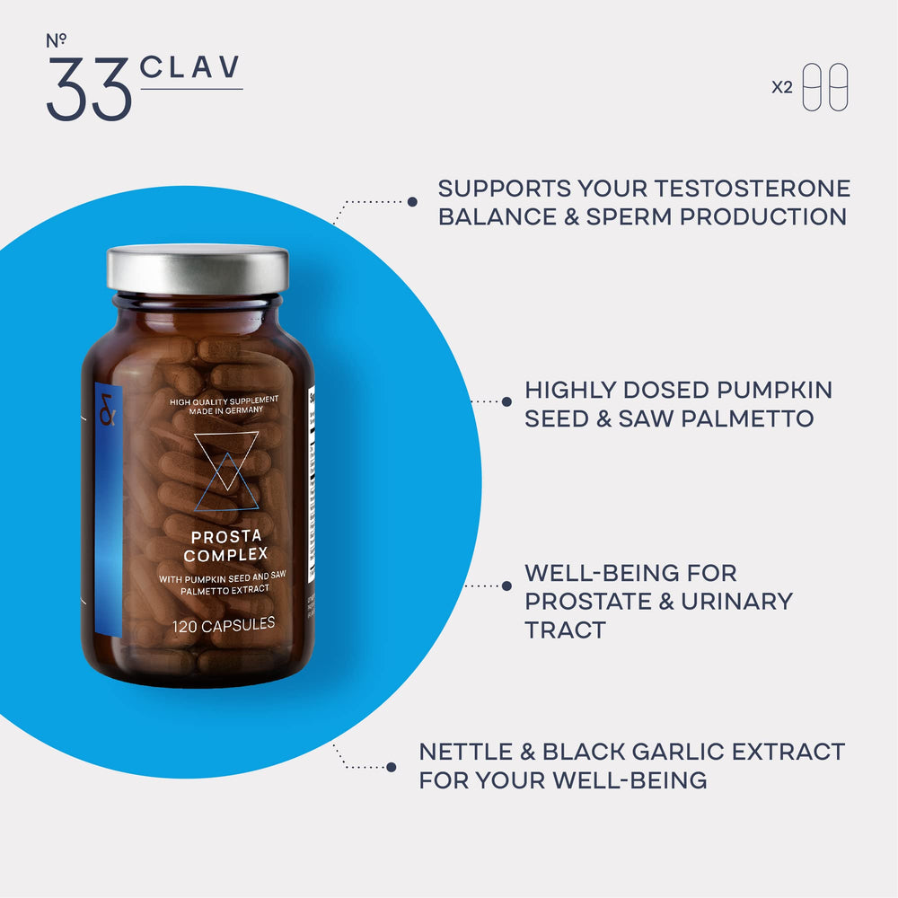 CLAV Prostate Health capsules close-up for easy daily use.