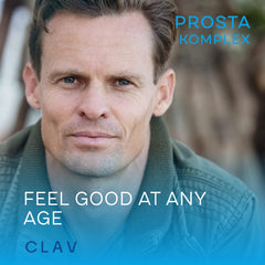 CLAV Prostate Health packaging highlighting sustainably produced formula and German quality standards.