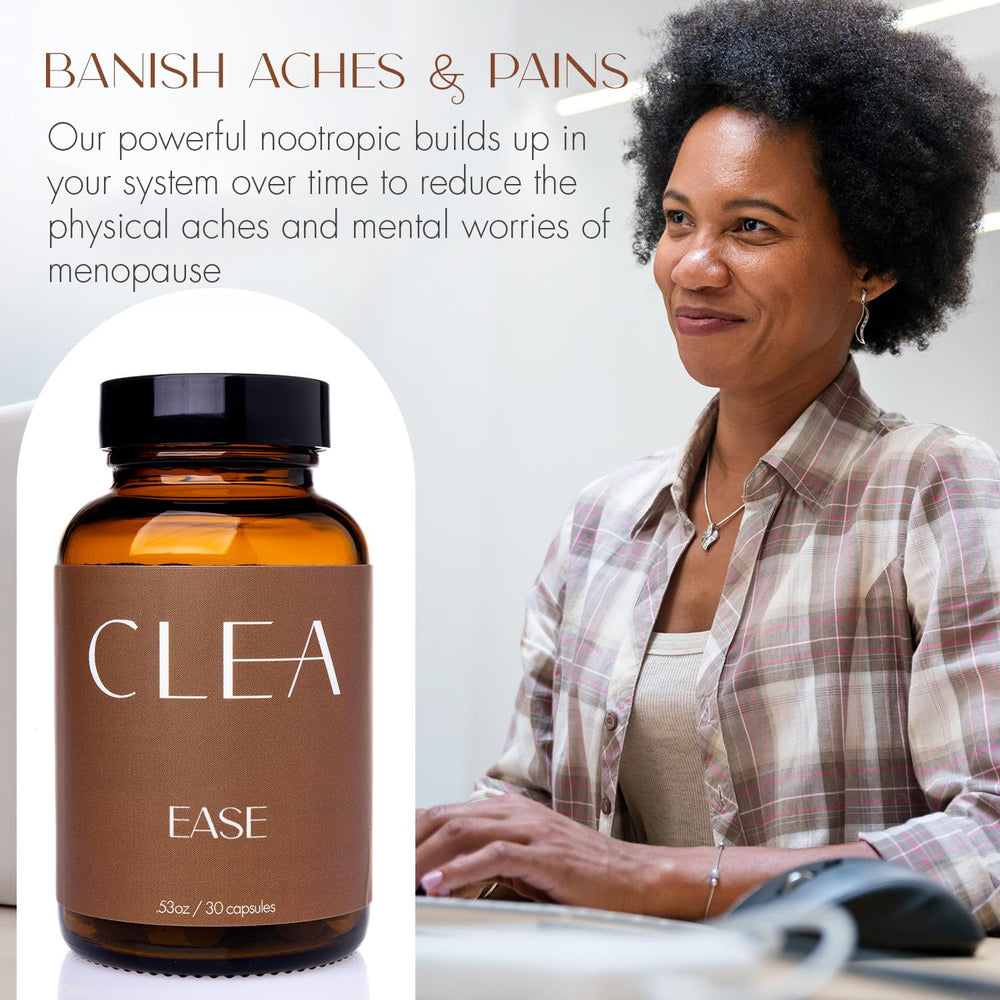 CLEA Midlife Ease bottle beside a calm meditation setup suggests nightly routine.