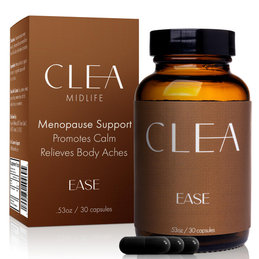 CLEA Midlife Ease bottle showcases 50 mg hemp oil for menopause balance and calm.