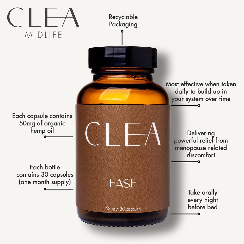 CLEA Midlife Ease capsules shown with a glass of water for easy daily use.