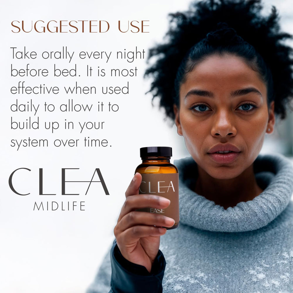CLEA Midlife Ease morning routine scene with capsules and sunlight.