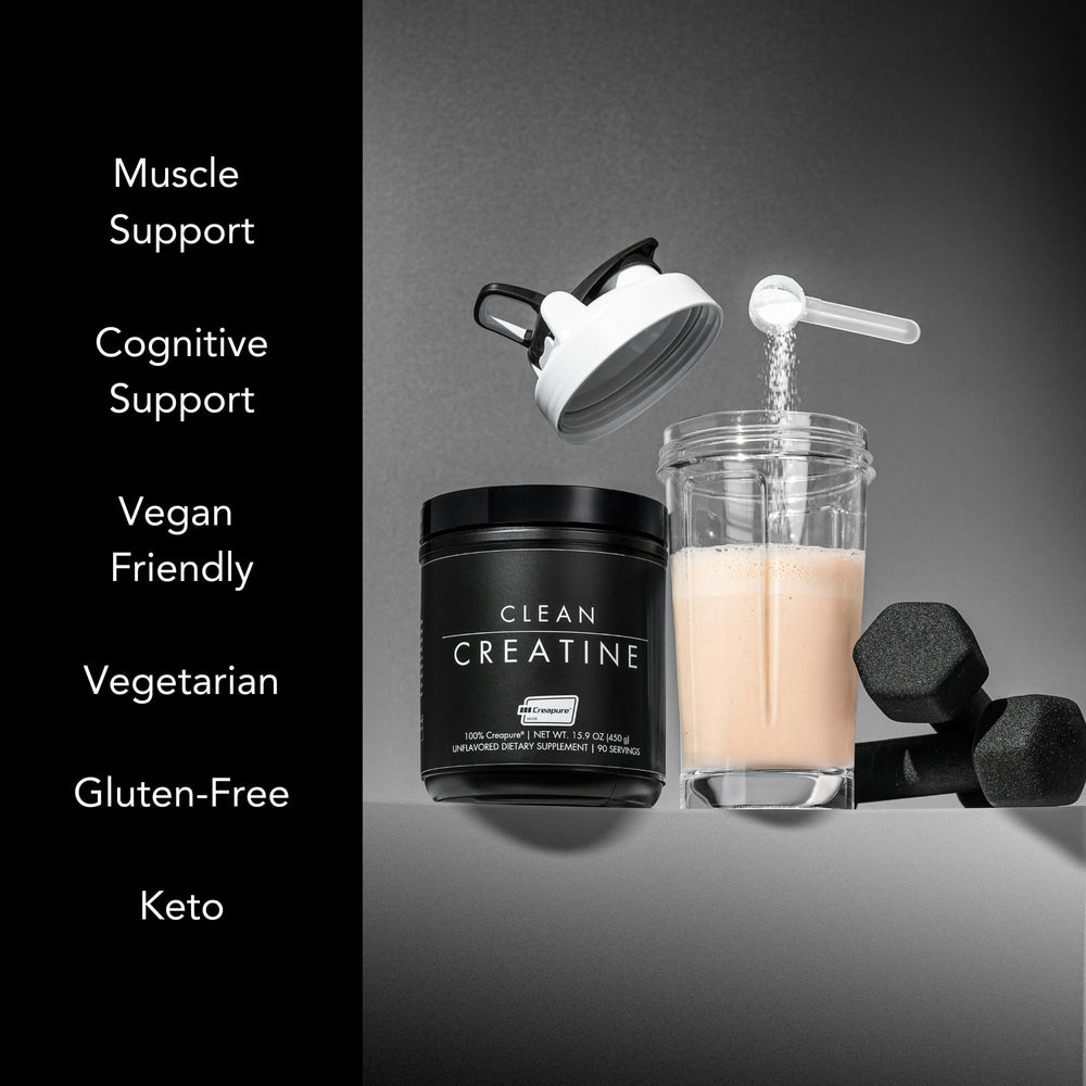 CLEAN Creatine daily-use bottle with drink illustrating convenient everyday supplementation.