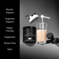 CLEAN Creatine daily-use bottle with drink illustrating convenient everyday supplementation.