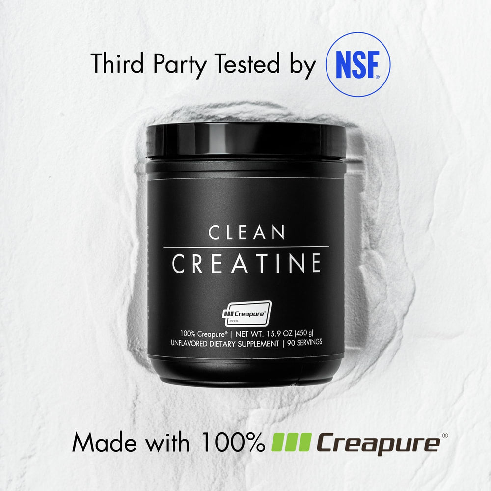 CLEAN Creatine in a shaker promoting smooth mix and taste-free powder.