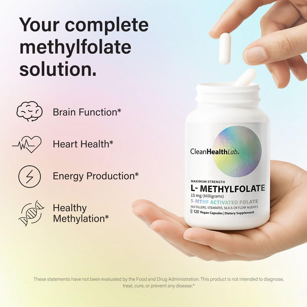 Clean Health Lab L-Methylfolate capsules inside bottle for brain function and steady energy.
