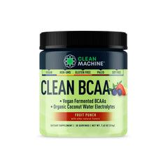 Clean Machine Clean BCAA powder tub front for post-workout hydration and recovery.