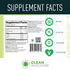 Clean Machine Lemonade BCAA label close-up emphasizes vegan non-GMO formula.