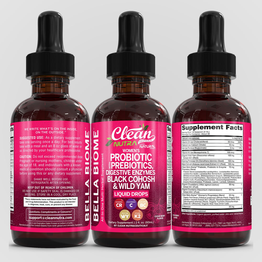 Clean Nutra Bella Biotics wild yam extract bottle focus.