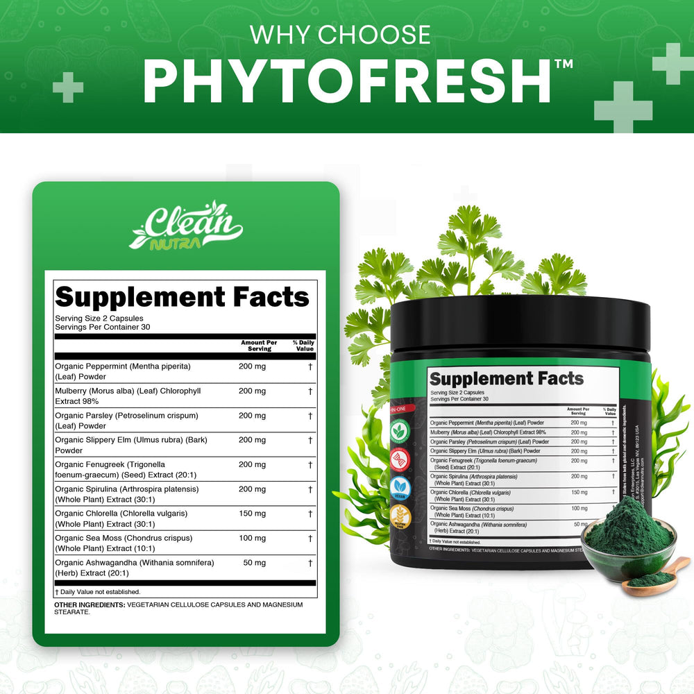 Clean Nutra Chlorophyll Capsules ingredients-spirulina close-up suggests robust nutrition and daytime energy