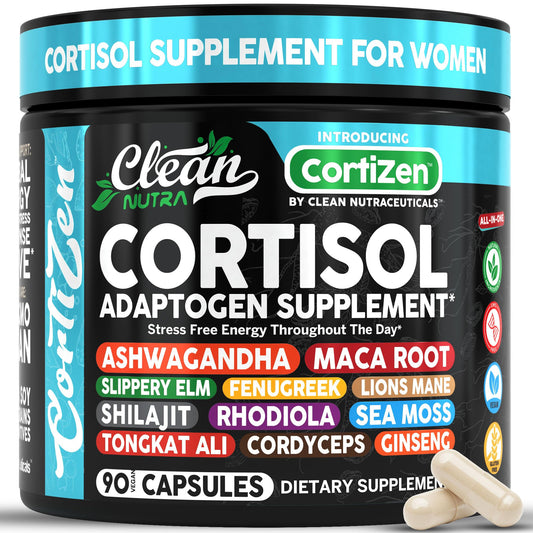 Clean Nutraceuticals cortisol supplement bottle showing daily wellness support for women