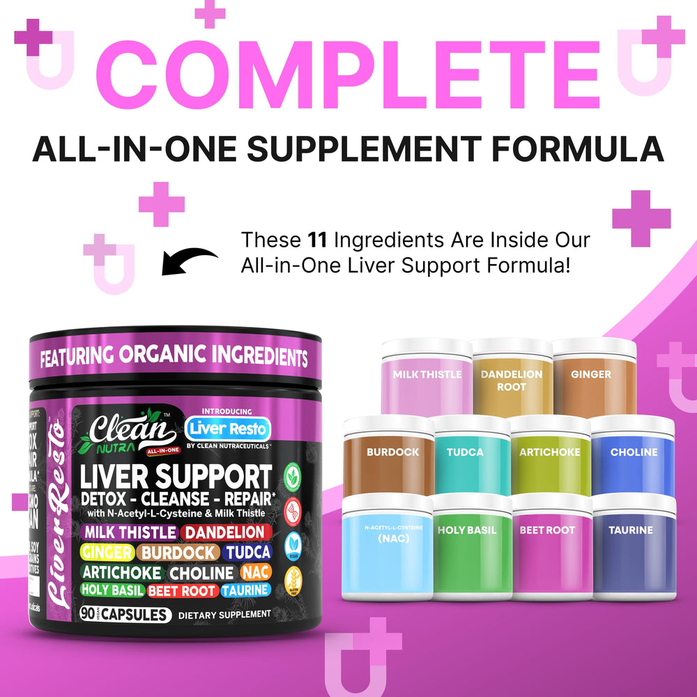 Clean Nutraceuticals Liver Resto bottle label highlights core ingredients for detox