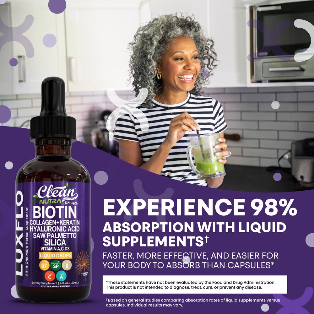 LuxGlo morning routine with drops and water for skin and hair support