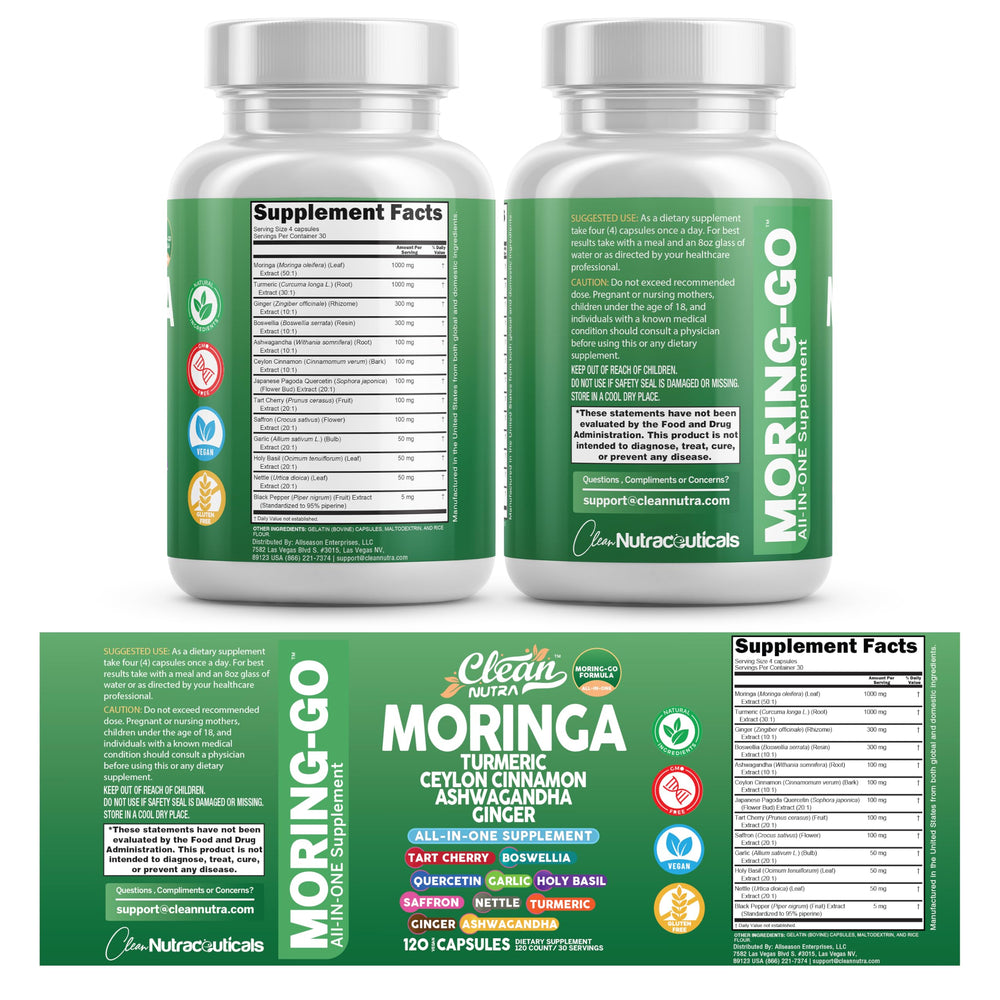 Holistic wellness vibe with Moring-Go and herbal components.