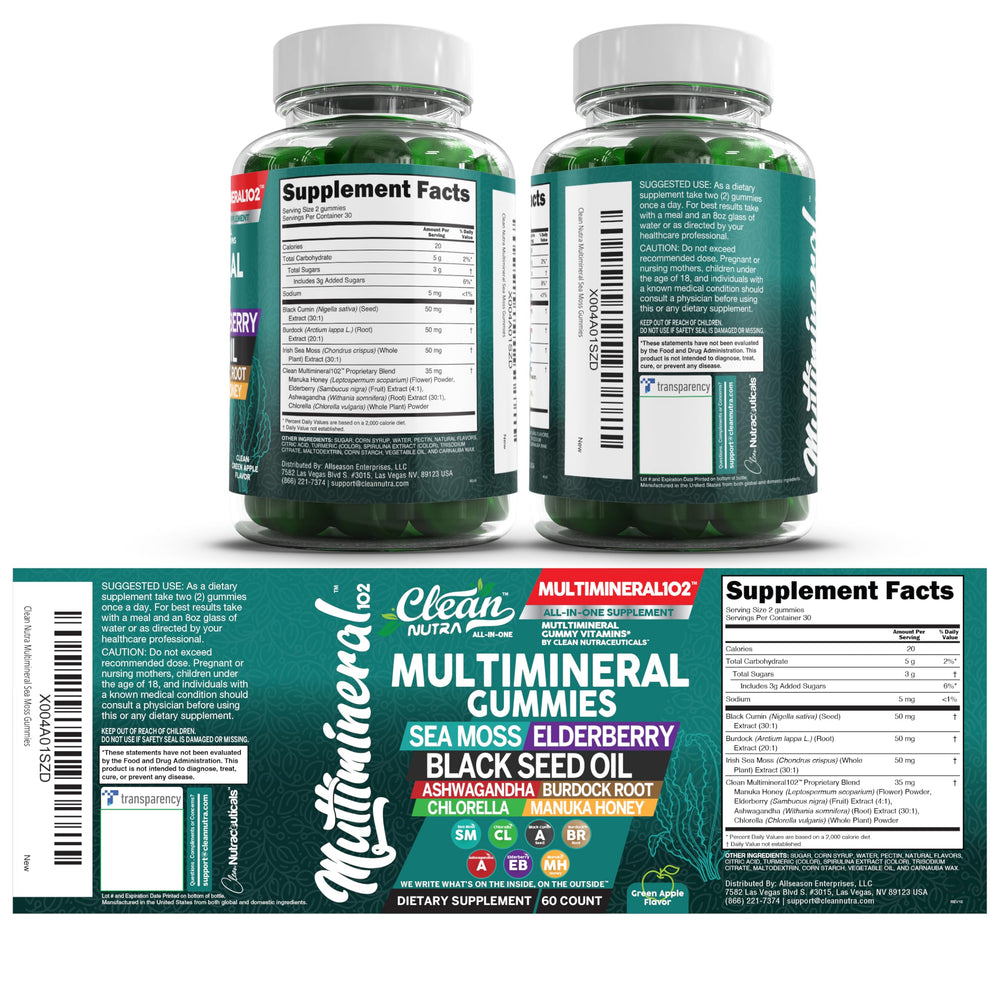 Clean Nutra natural ingredients imagery highlighting sea moss and botanicals