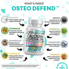 Close-up of Osteo Defend capsules showing calcium, magnesium, and zinc blend.