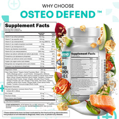 Osteo Defend ingredients label highlights vitamins and trace minerals.