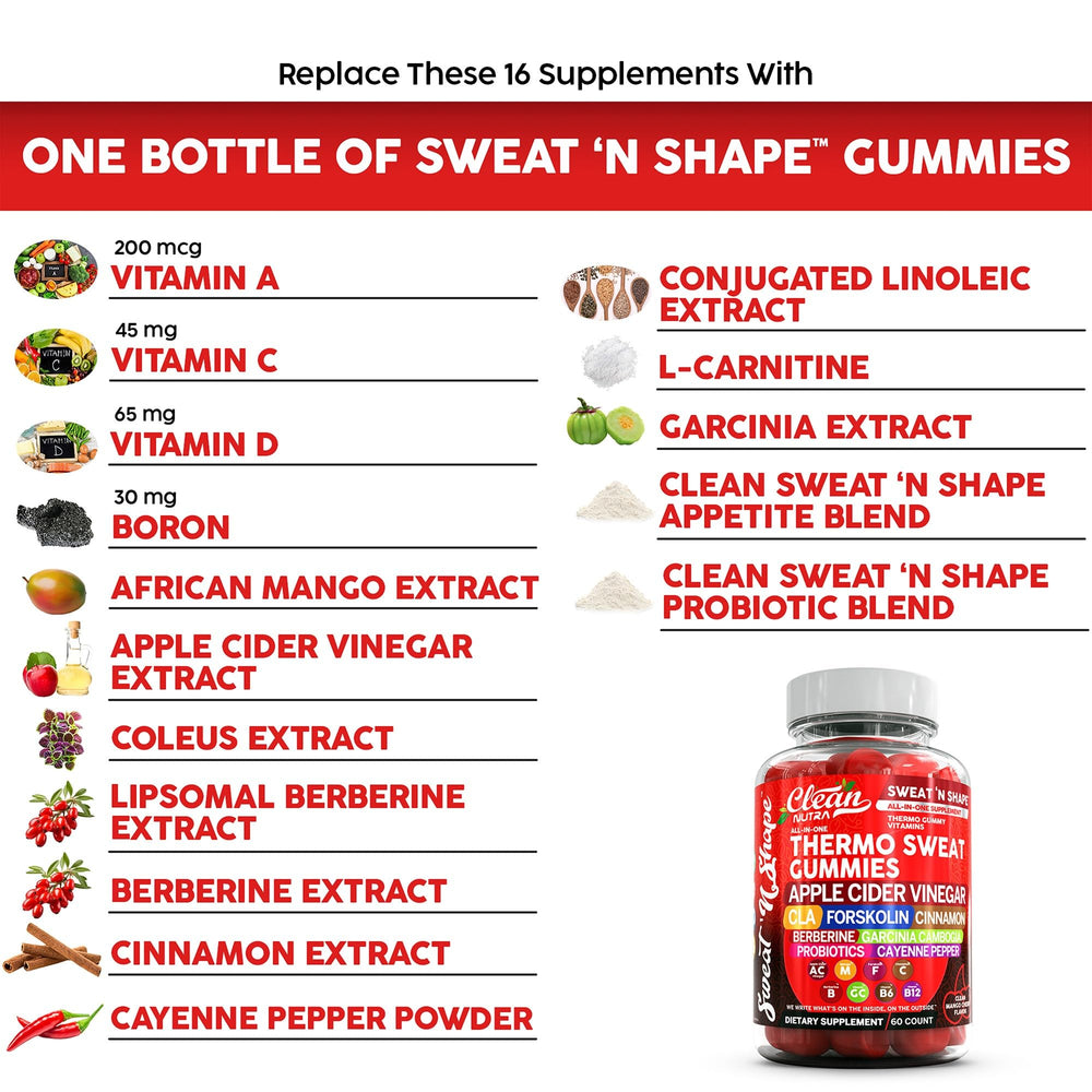 Sweat N' Shape gummies mango-cherry flavor promoting tasty daily routine.