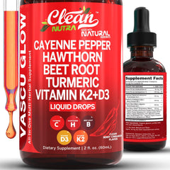 Clean Nutra Vascu Glow bottle highlighting cayenne and beet blend for daily support.