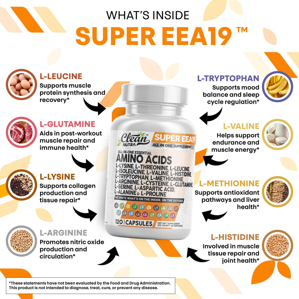 Label view of Clean Nutraceuticals amino acids supplement showing ingredients and logo for trust.