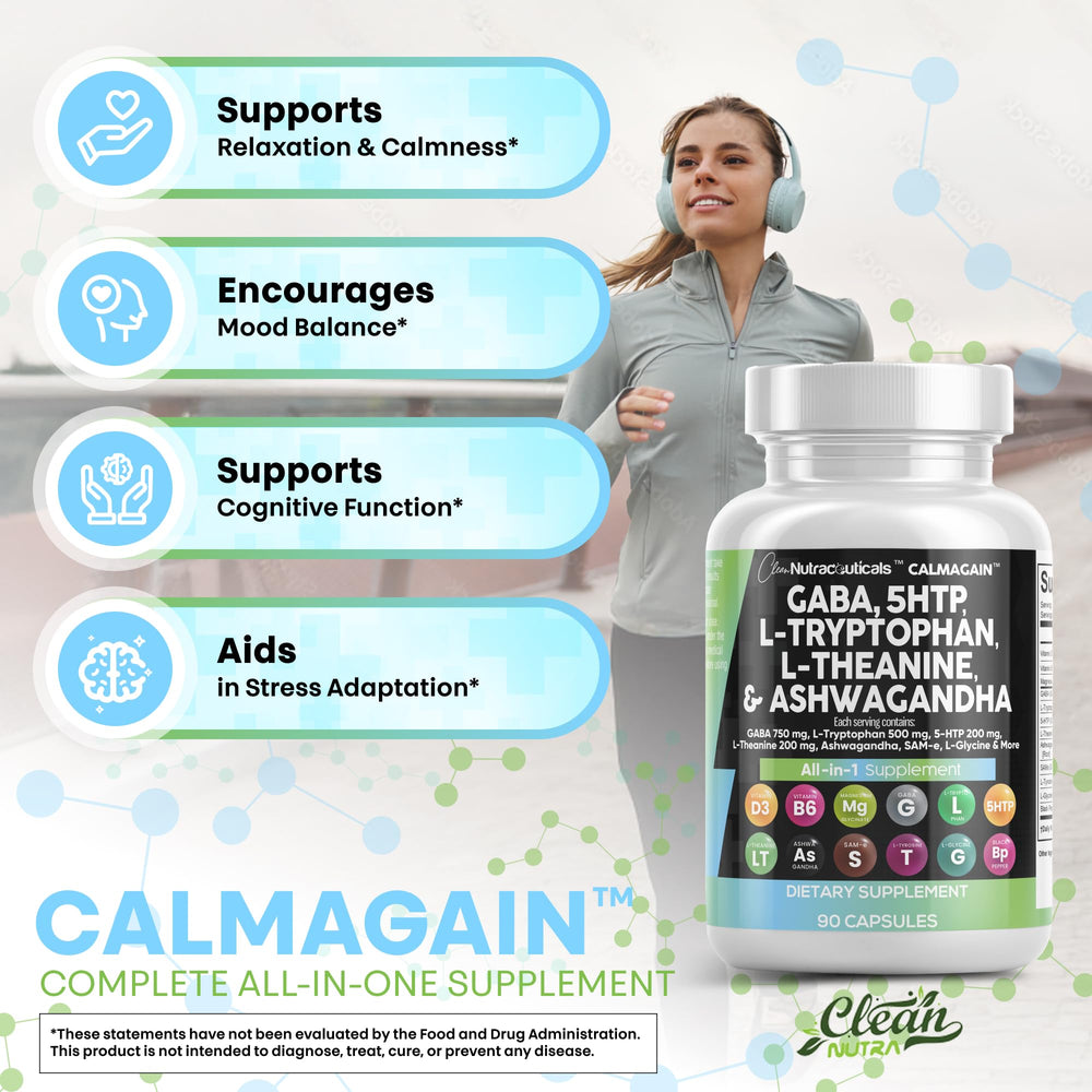Ingredients list image emphasizes high-dose L-Theanine and Ashwagandha features.