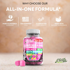 Clean Nutraceuticals keratin collagen gummies dispensed show hair and nails focus.