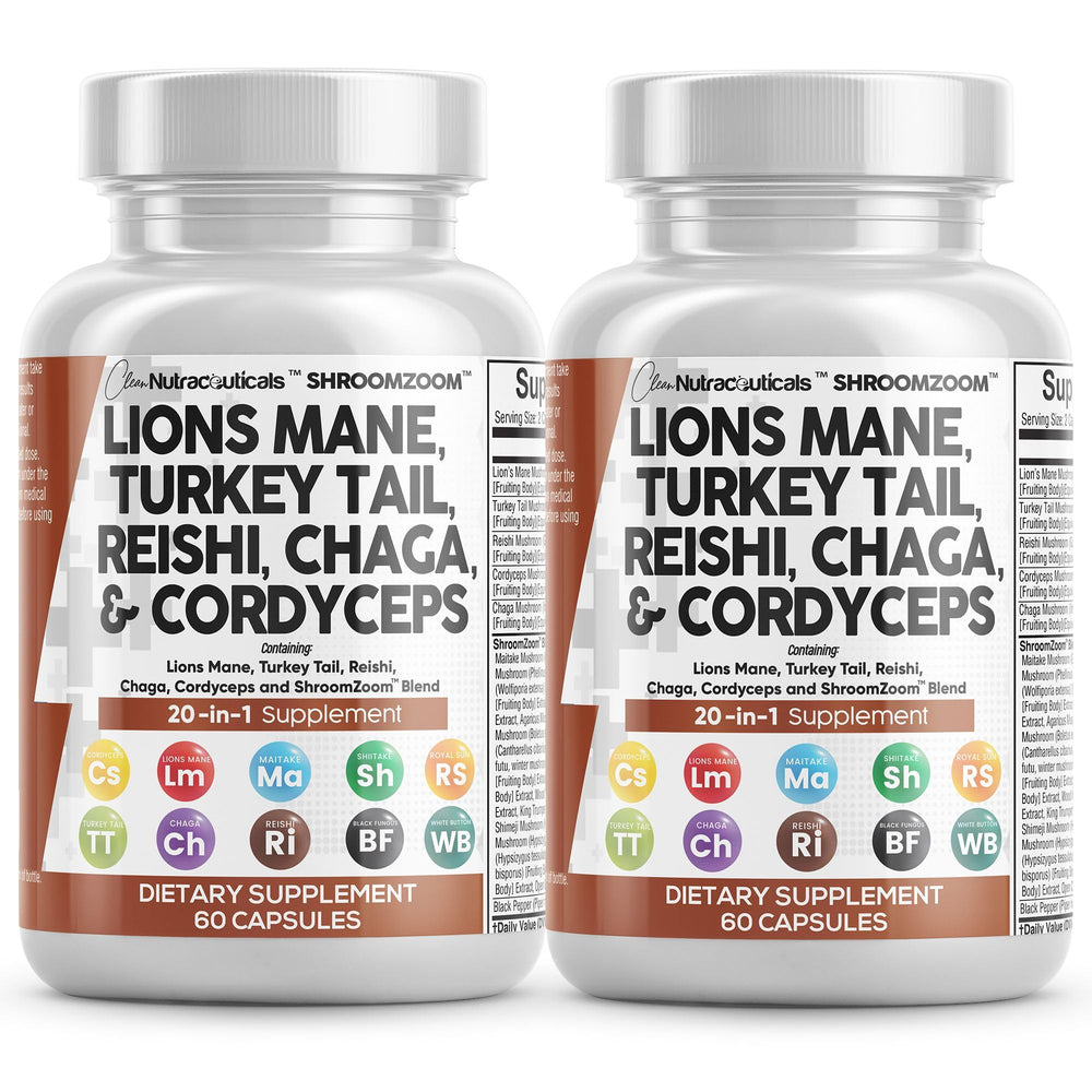 Clean Nutraceuticals Lions Mane 20in1 packaging and capsules for daily wellness.