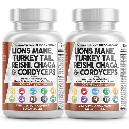 Clean Nutraceuticals Lions Mane 20in1 packaging and capsules for daily wellness.