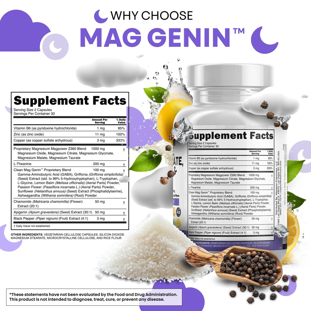 Label view showing Apigenin 50 mg within Mag Genin blend