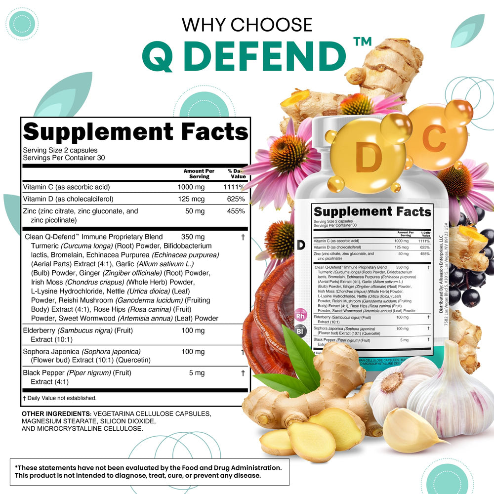 Q Defend product label close-up highlighting quercetin and zinc