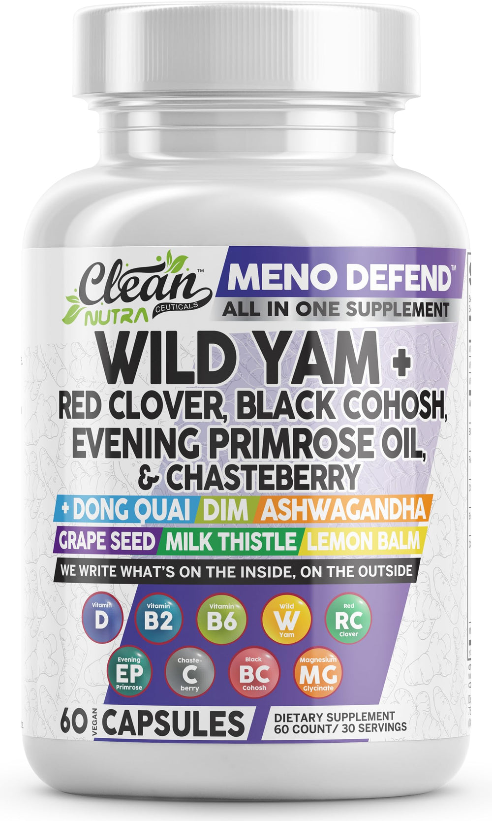 Clean Nutraceuticals Wild Yam Root capsules on bottle, potential hormonal balance support