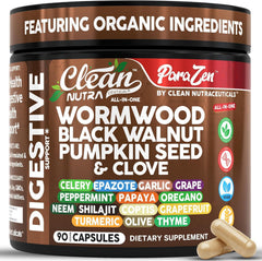 Clean Nutraceuticals wormwood-garlic-clove capsules support daily digestive balance.