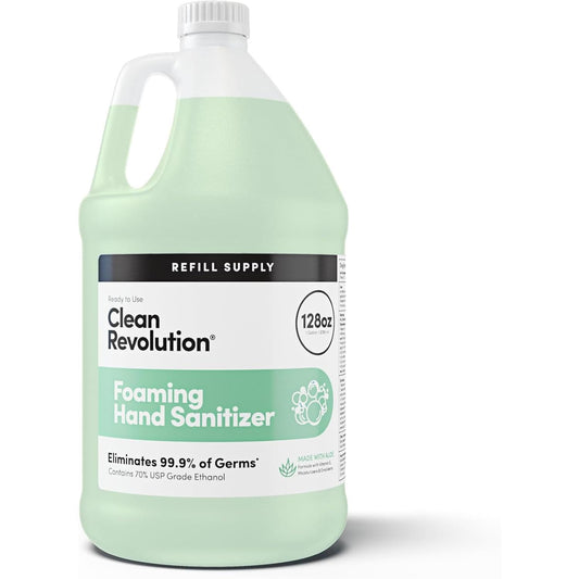 Clean Revolution foaming hand sanitizer gallon refill demonstrates long-lasting supply and waste reduction.