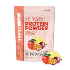 Clean Simple Eats Clear Protein Pineapple Passion bottle shows 20g protein per serving for workouts.