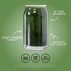 Clean Simple Eats Super Greens label detail emphasizes gluten-free, non-GMO credentials.