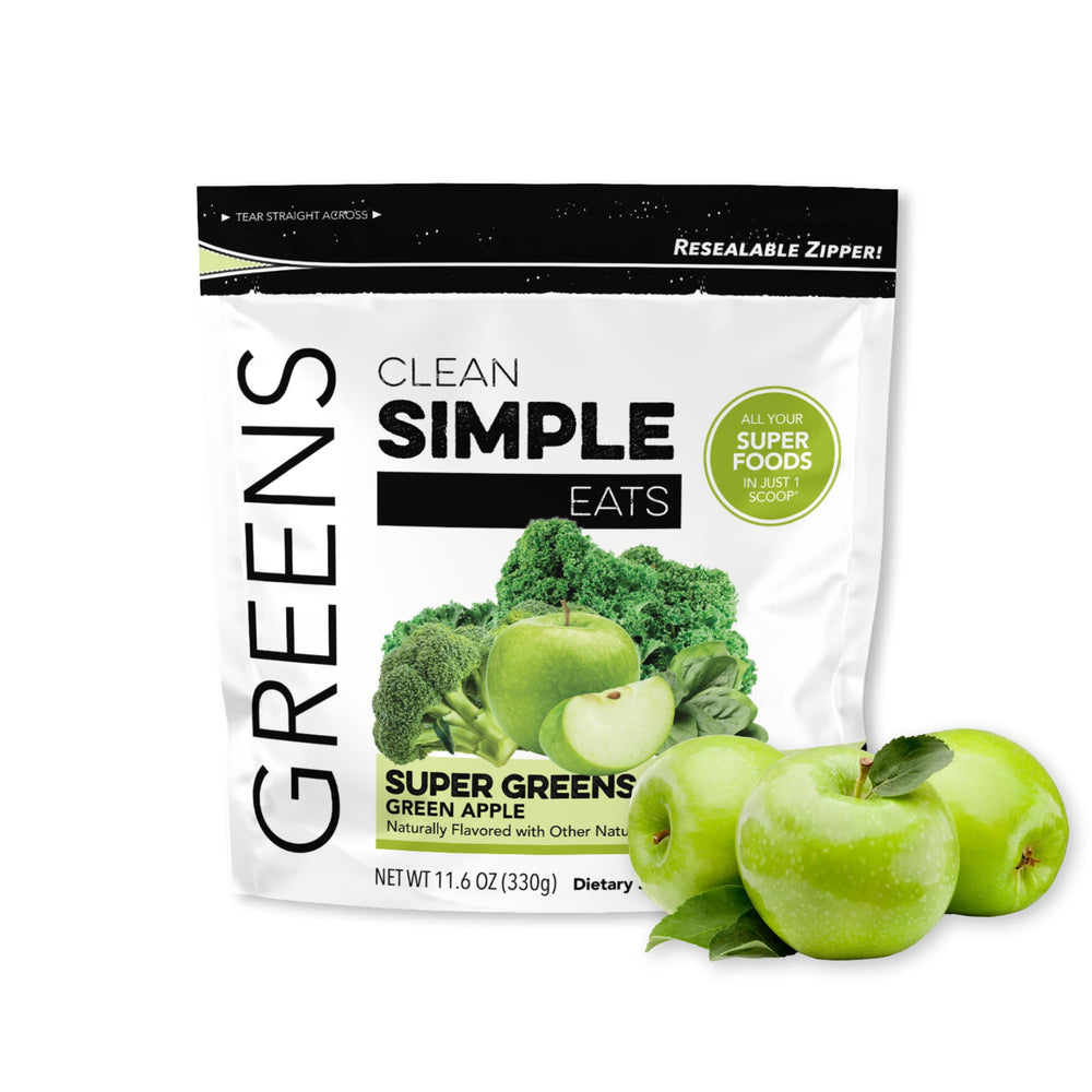 Clean Simple Eats Super Greens powder bottle closed, ready for daily use.