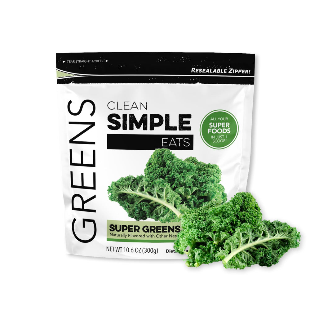 Clean Simple Eats Super Greens powder bottle for easy daily greens with energy support.