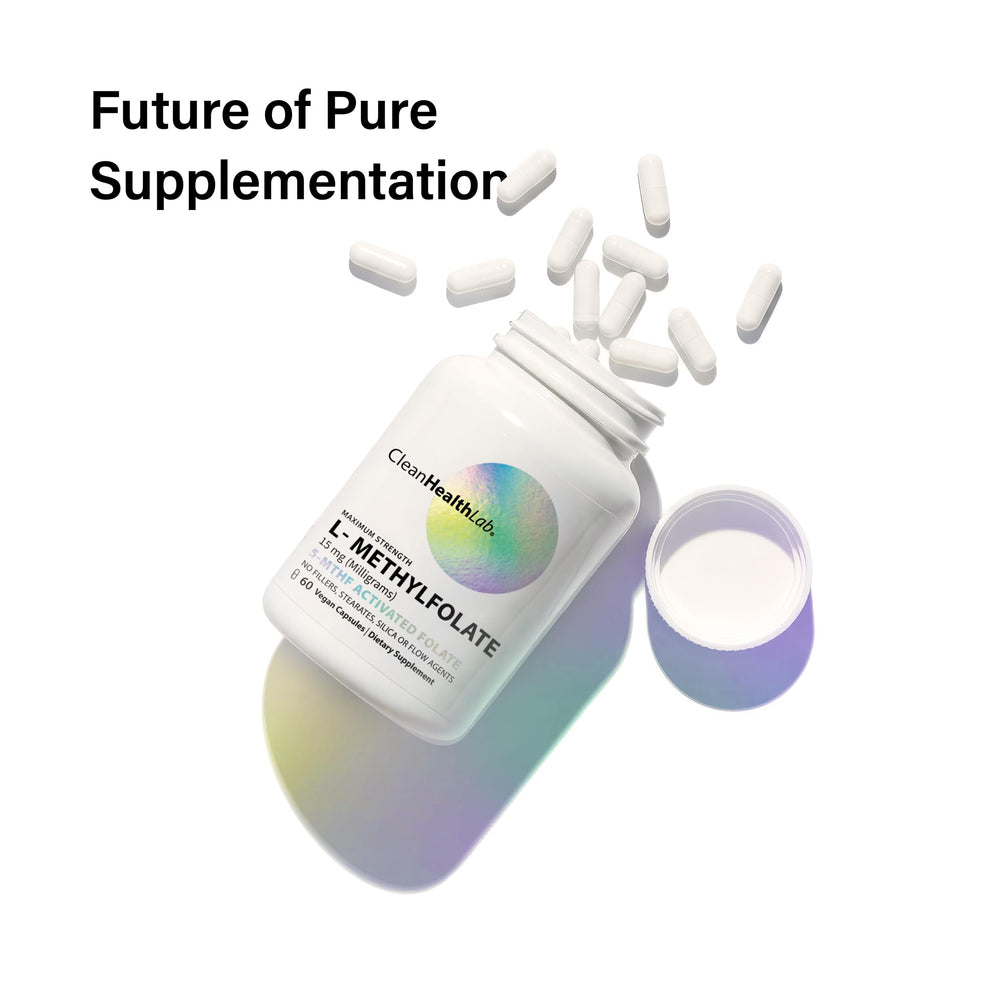 CleanHealthLab L-Methylfolate bottle side view emphasizes minimal ingredients and no fillers.