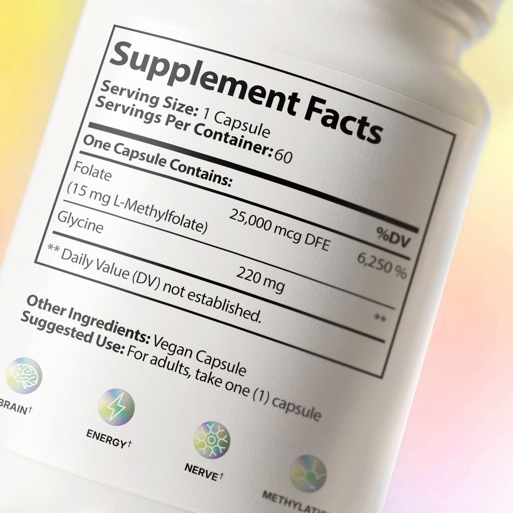 CleanHealthLab L-Methylfolate vegan seal on packaging communicates allergen-friendly design.